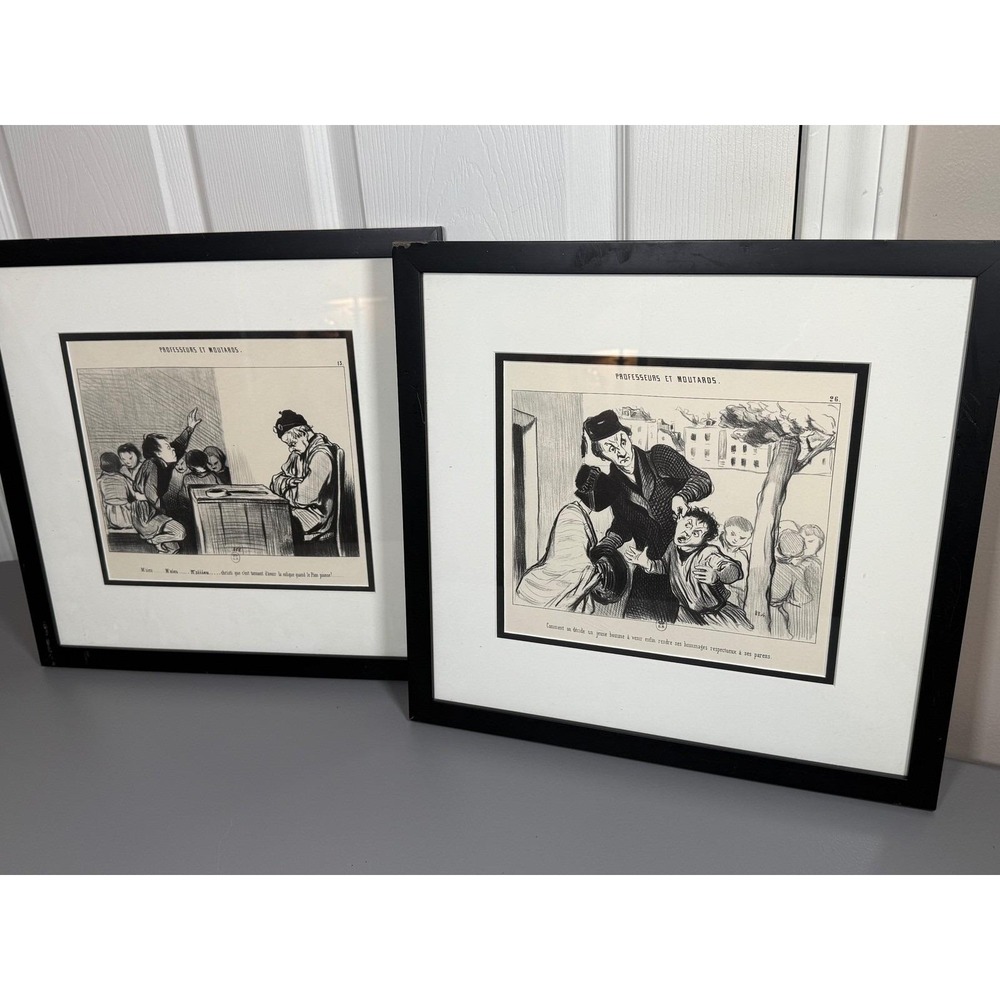 Honoré Daumier Professeurs et Moutards Framed Lithograph Prints Set of 2 French